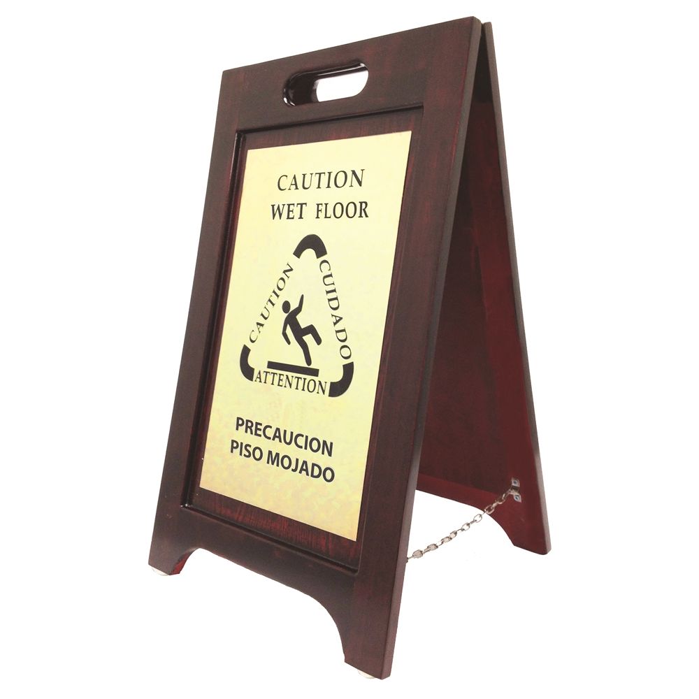 Hospitality 1 Source® Caution Wet Floor Sign, Bilingual English Spanish, Walnut Finish, Brass Plate